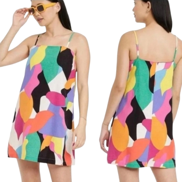 a new day Dresses & Skirts - A New Day Multicolor Abstract Print Spaghetti Strap Linen Blend Dress Size Large
